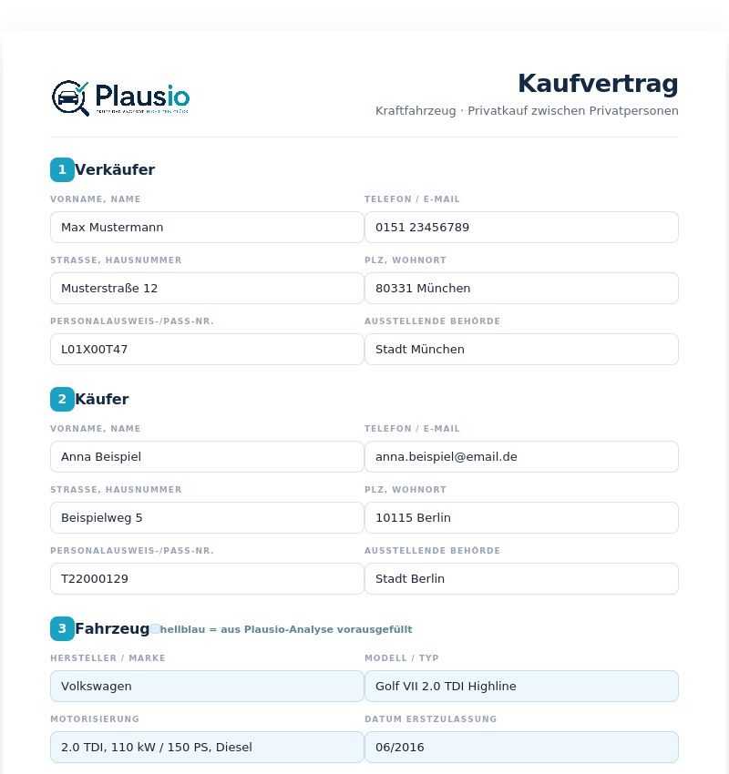 Ausschnitt aus einem echten Plausio-Kaufvertrag